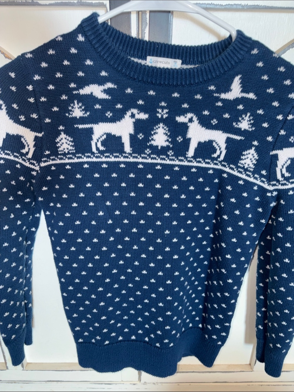 Crewcuts Navy and White Dog Motif Fair Isle Sweater. Boys sweater size 8-9